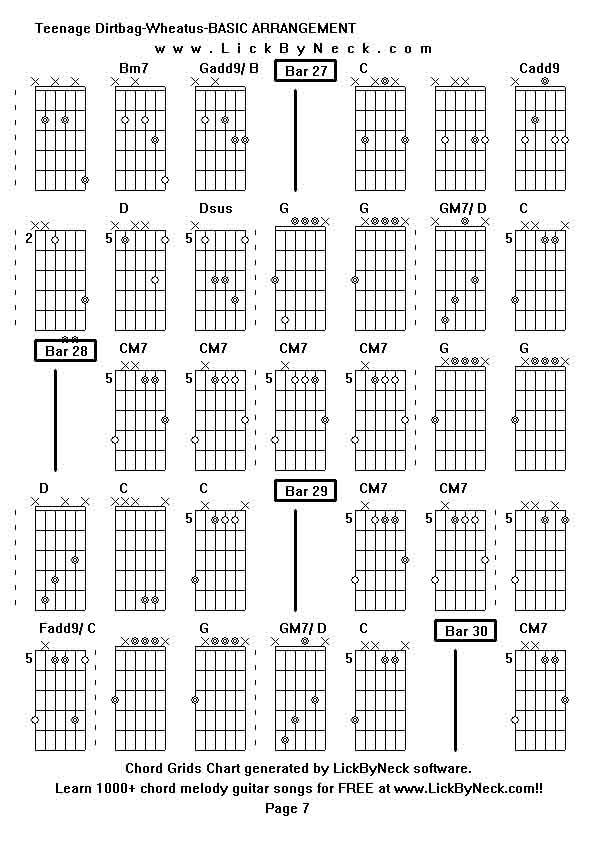 Chord Grids Chart of chord melody fingerstyle guitar song-Teenage Dirtbag-Wheatus-BASIC ARRANGEMENT,generated by LickByNeck software.